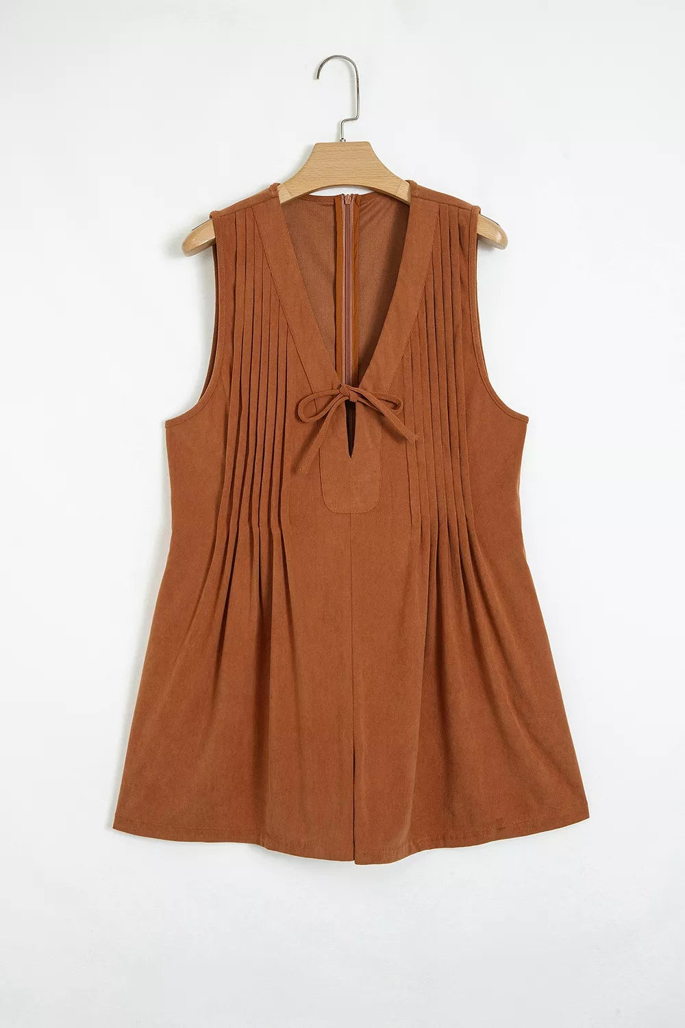 Tie V-Neck Corduroy Romper in Caramel