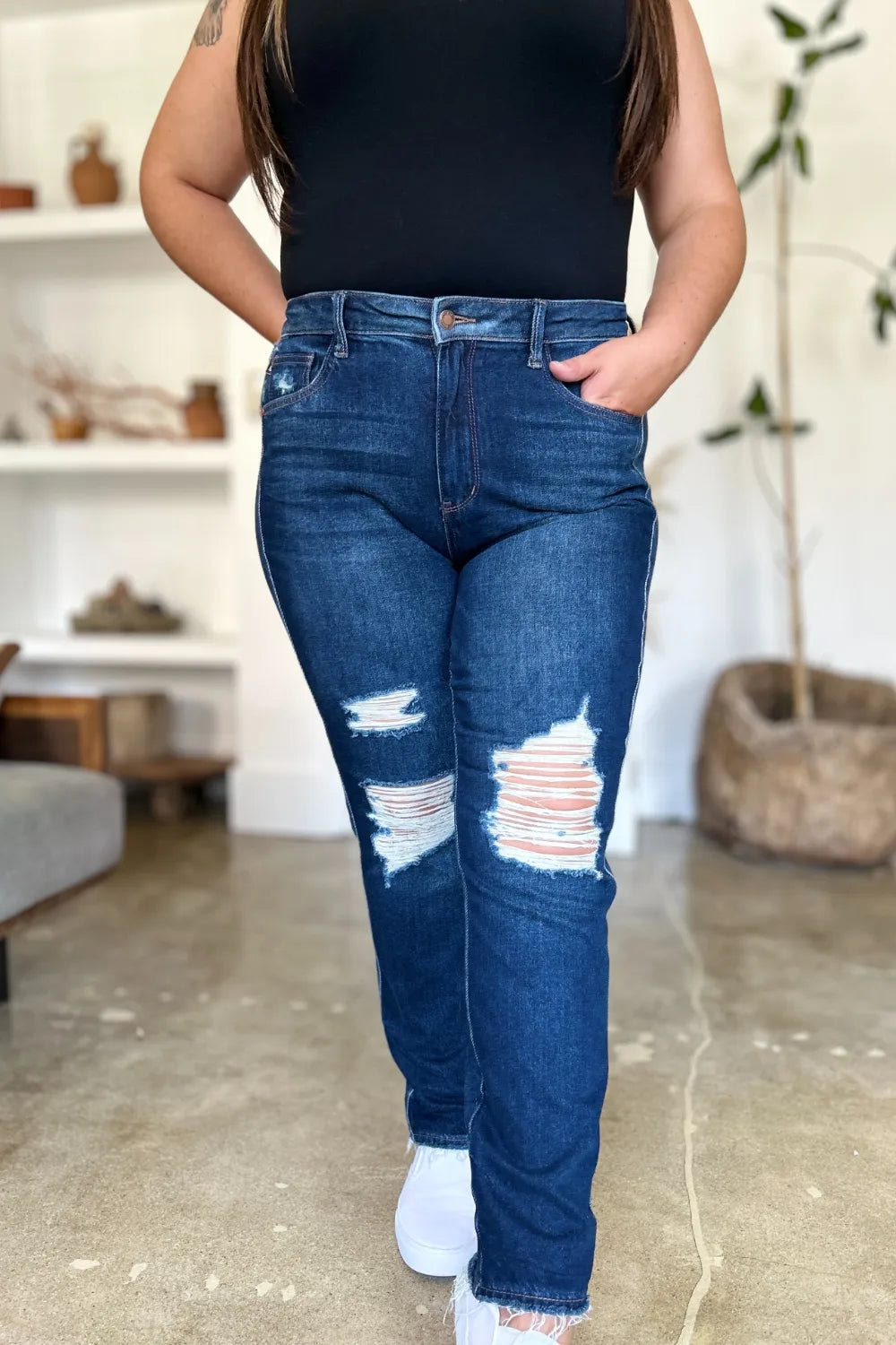 Judy Blue High Waist Heavy Destroy Straight Jeans in Dark