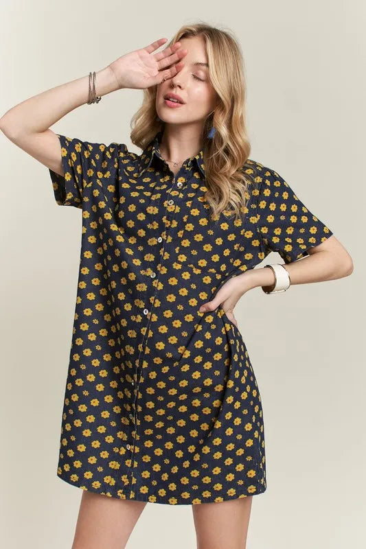 Floral Button-Up Mini Denim Dress in Dark Wash