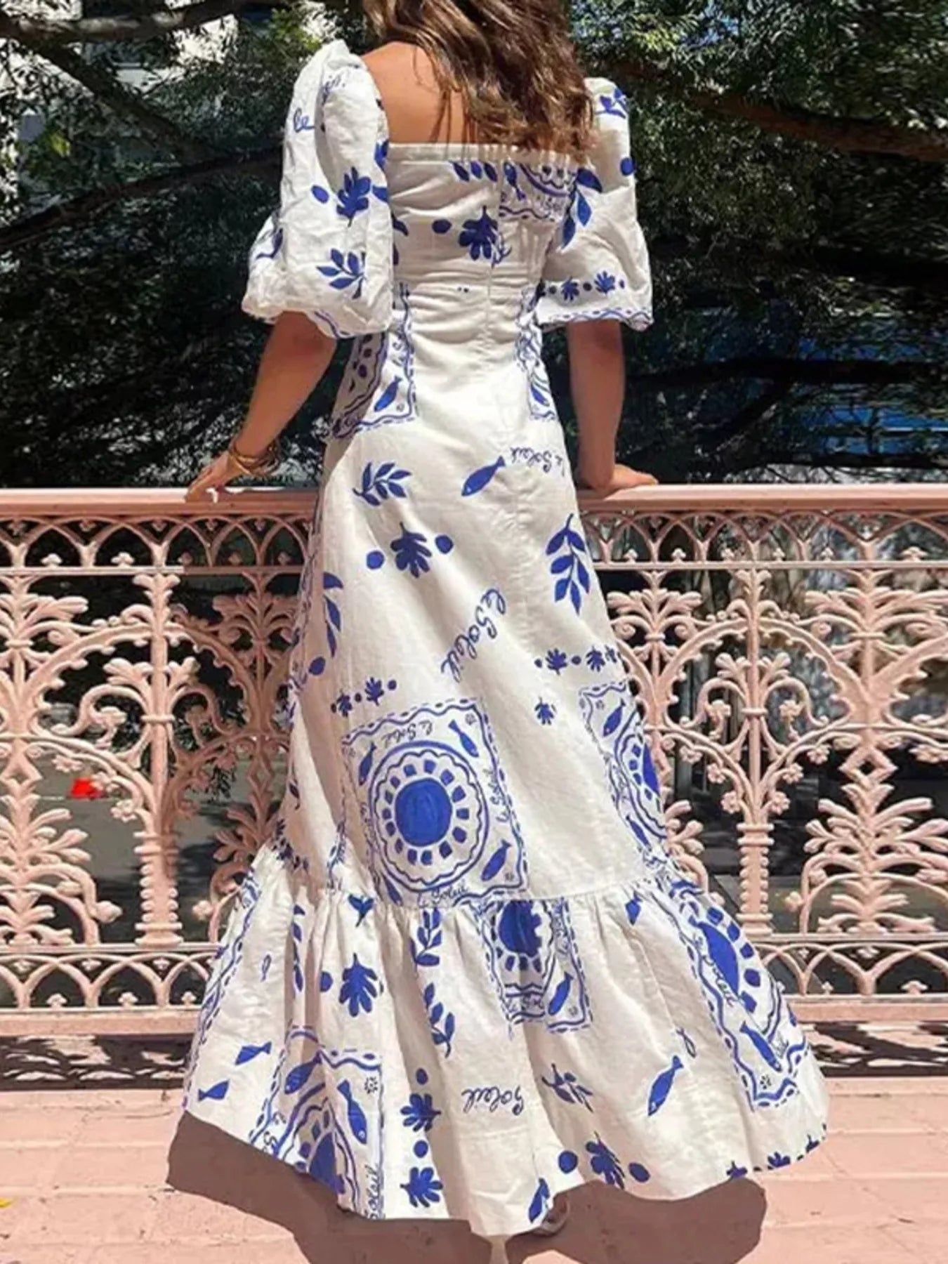 Floral Print Puff Sleeve Maxi Dress