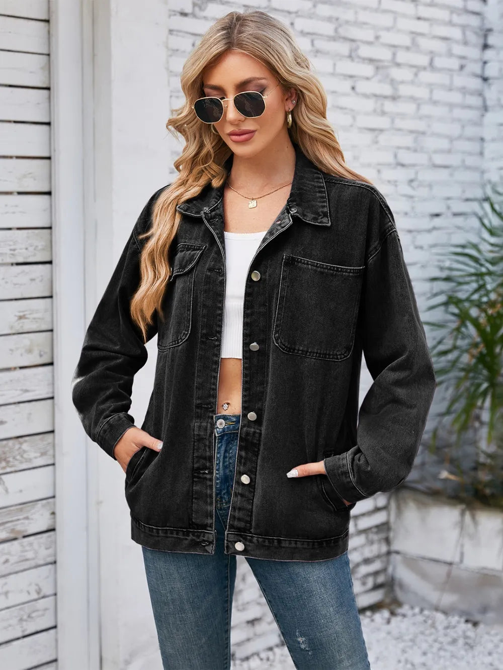 Button-Up Denim Jacket with Detachable Hood by Manny
