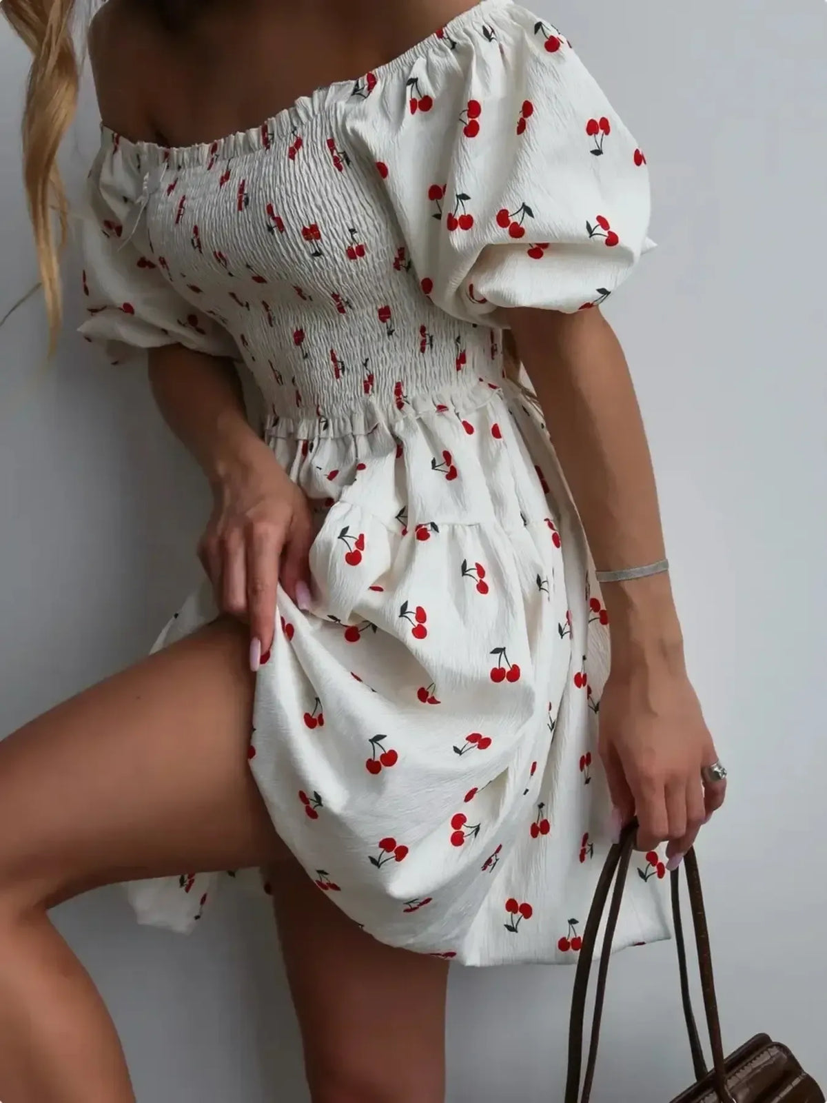 Puff Sleeve Cherry Print Smocked Dress in White