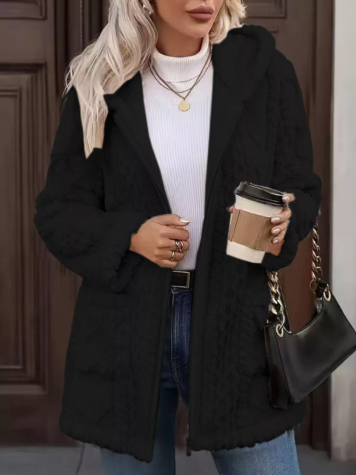 Faux Fur Hooded Zip-Up Jacket in Ocean Blue