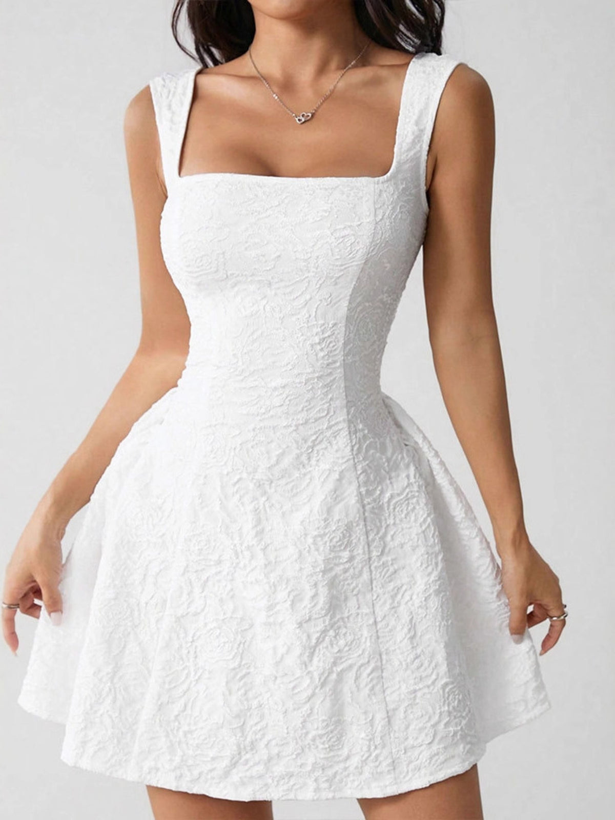 Textured Square Neck Mini Dress in White