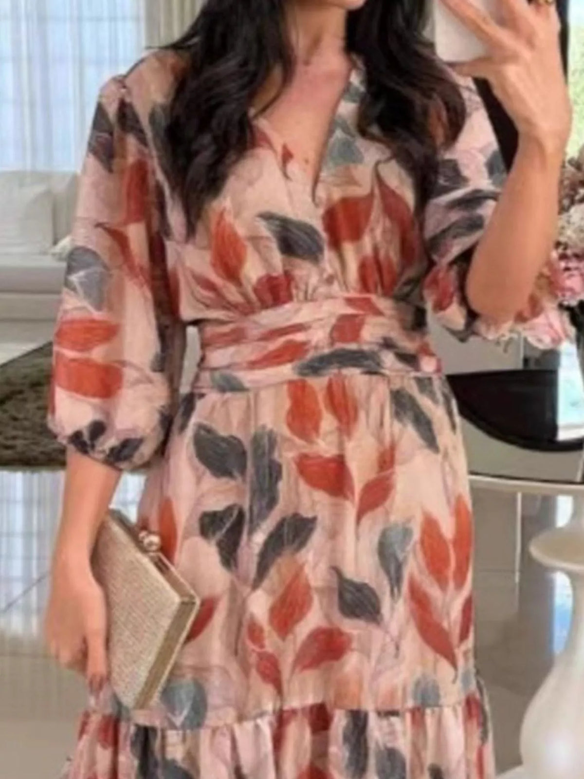Printed V-Neck Tiered Hem Maxi Dress
