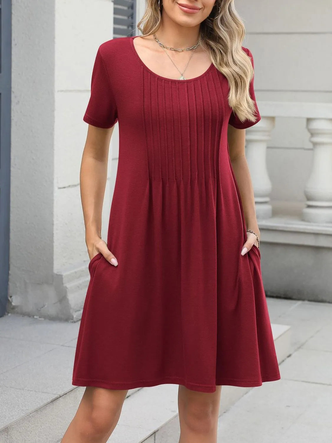 Pleated Round-Neck Swing Dress with Pockets