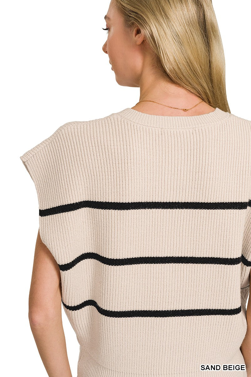 Zenana Striped Button-Down Sweater Vest in Sand Beige