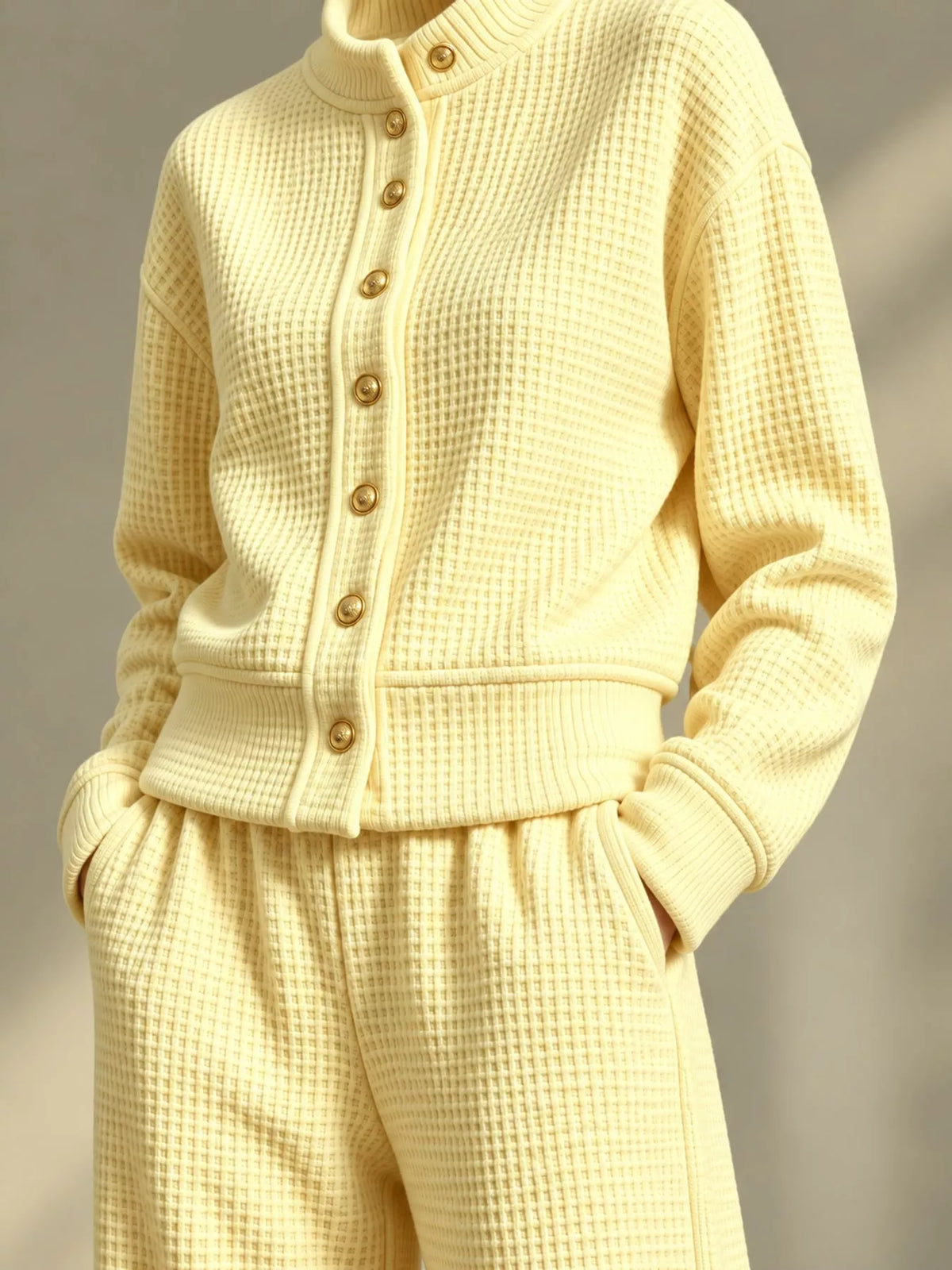 Waffle Knit Button-Up and Wide-Leg Pants Set