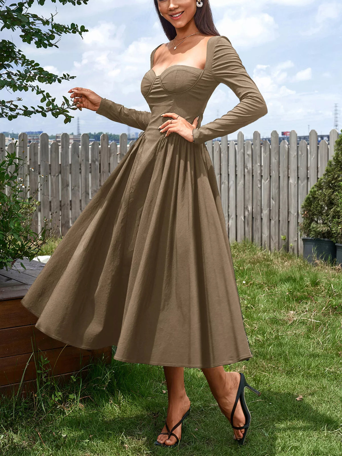 Sweetheart Neckline Long Sleeve A-Line Midi Dress