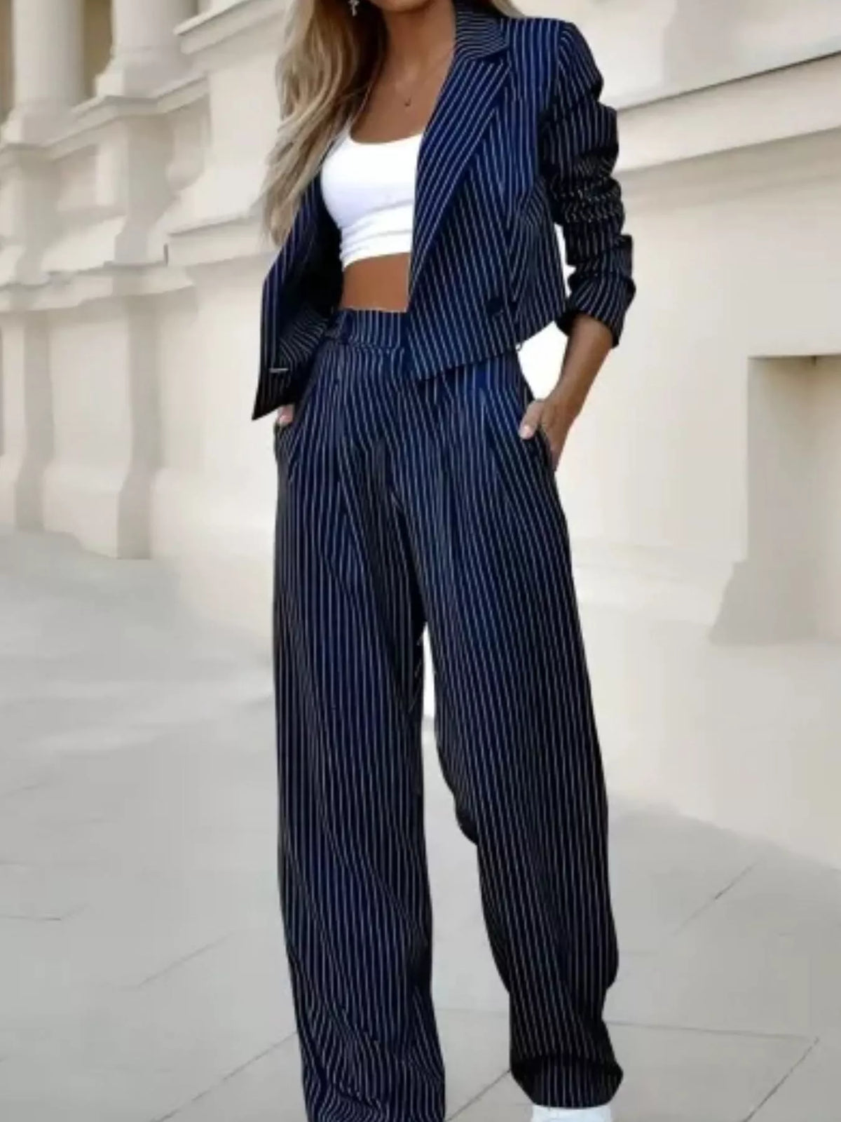 Cropped Striped Blazer and Wide-Leg Pants Set