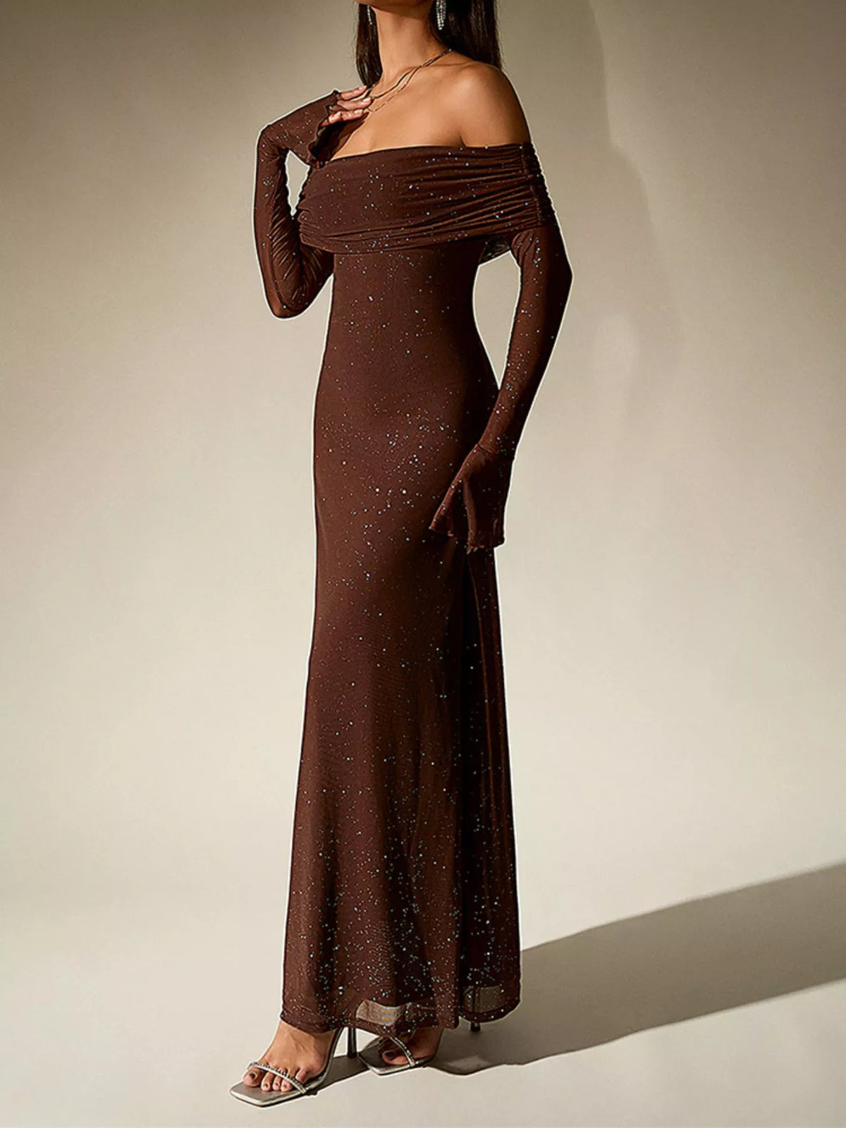Glitter Off-Shoulder Maxi Dress
