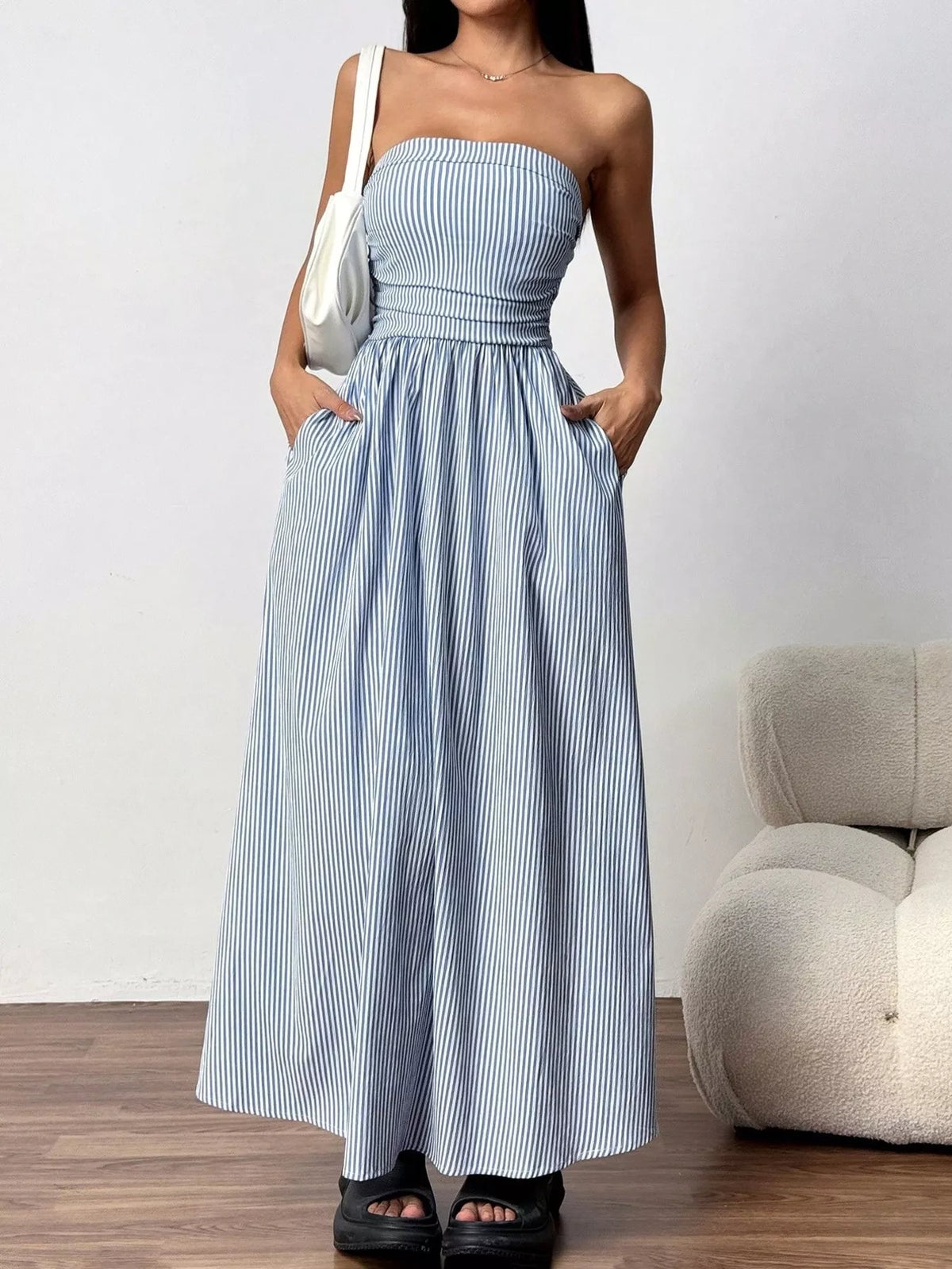 Smocked Strapless Striped Maxi Dress by Calliope
