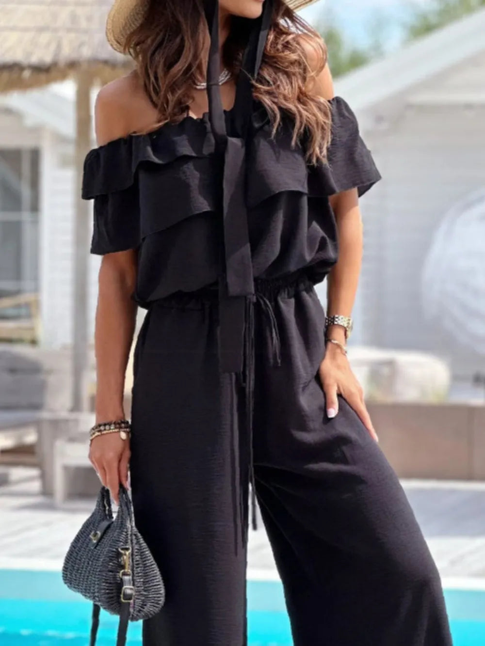 Ruffled Off-Shoulder Wide Leg Jumpsuit