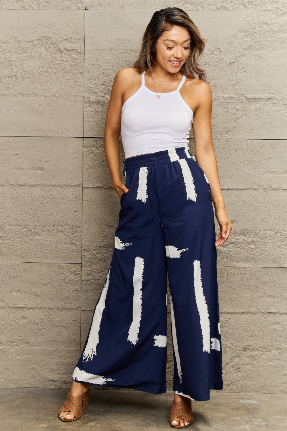 Printed Wide-Leg Pants in Navy