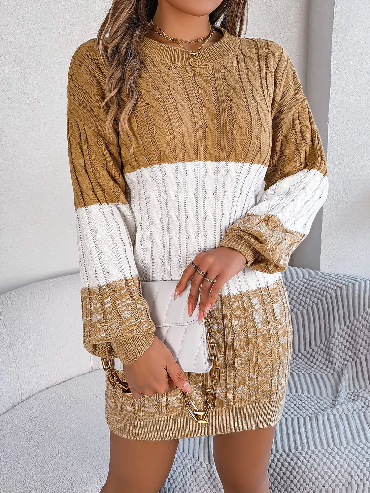 Color Block Cable Knit Sweater Dress