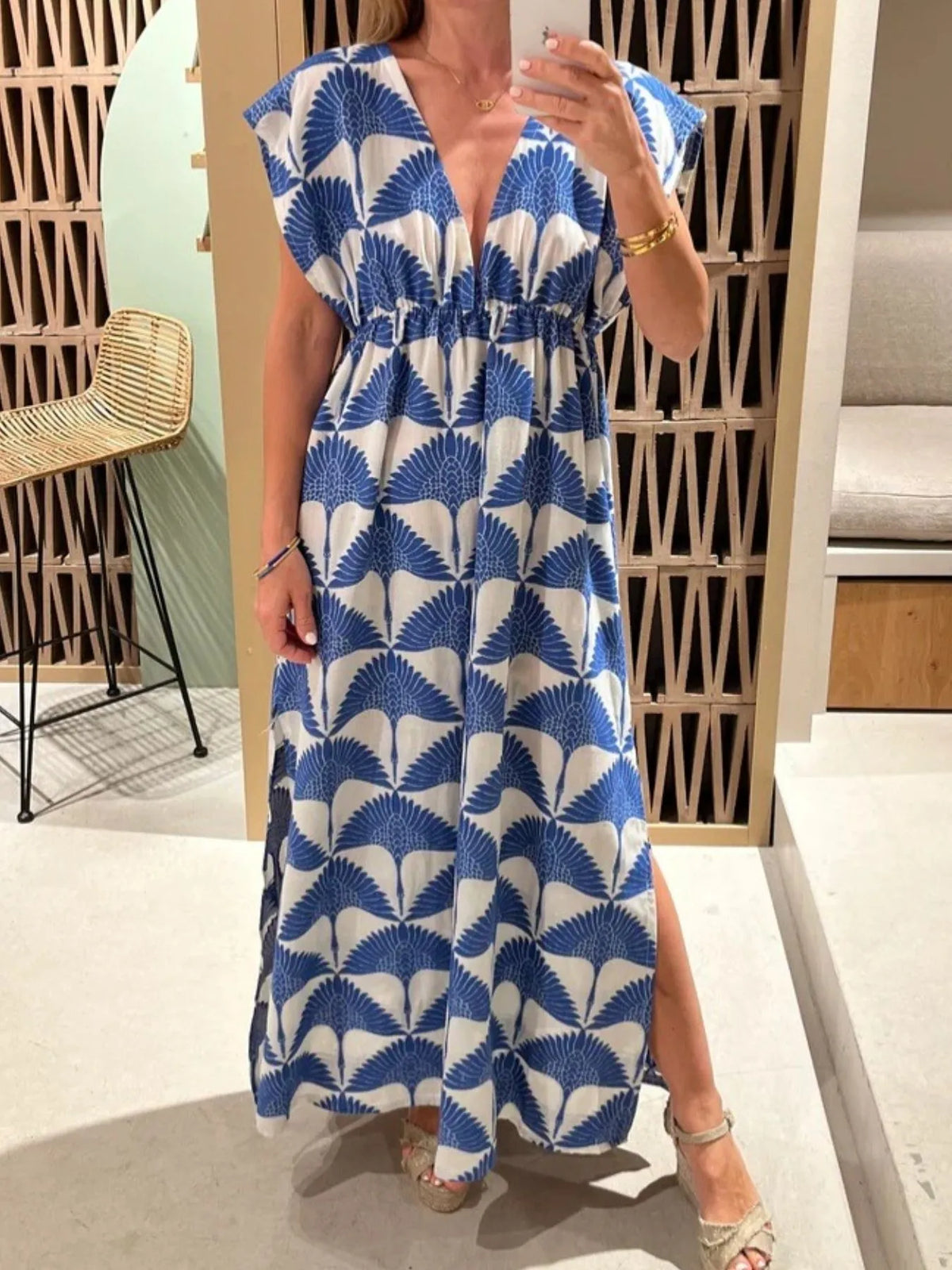 Slit V-Neck Cap Sleeve Maxi Dress by Rosaline