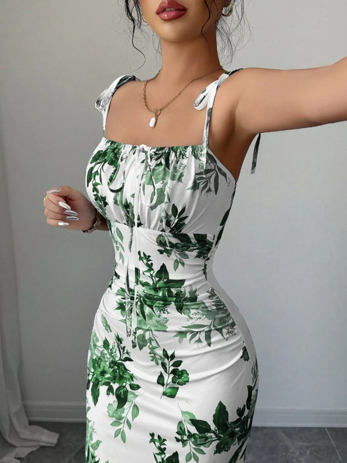 Printed Tie Strap Maxi Dress with Slit