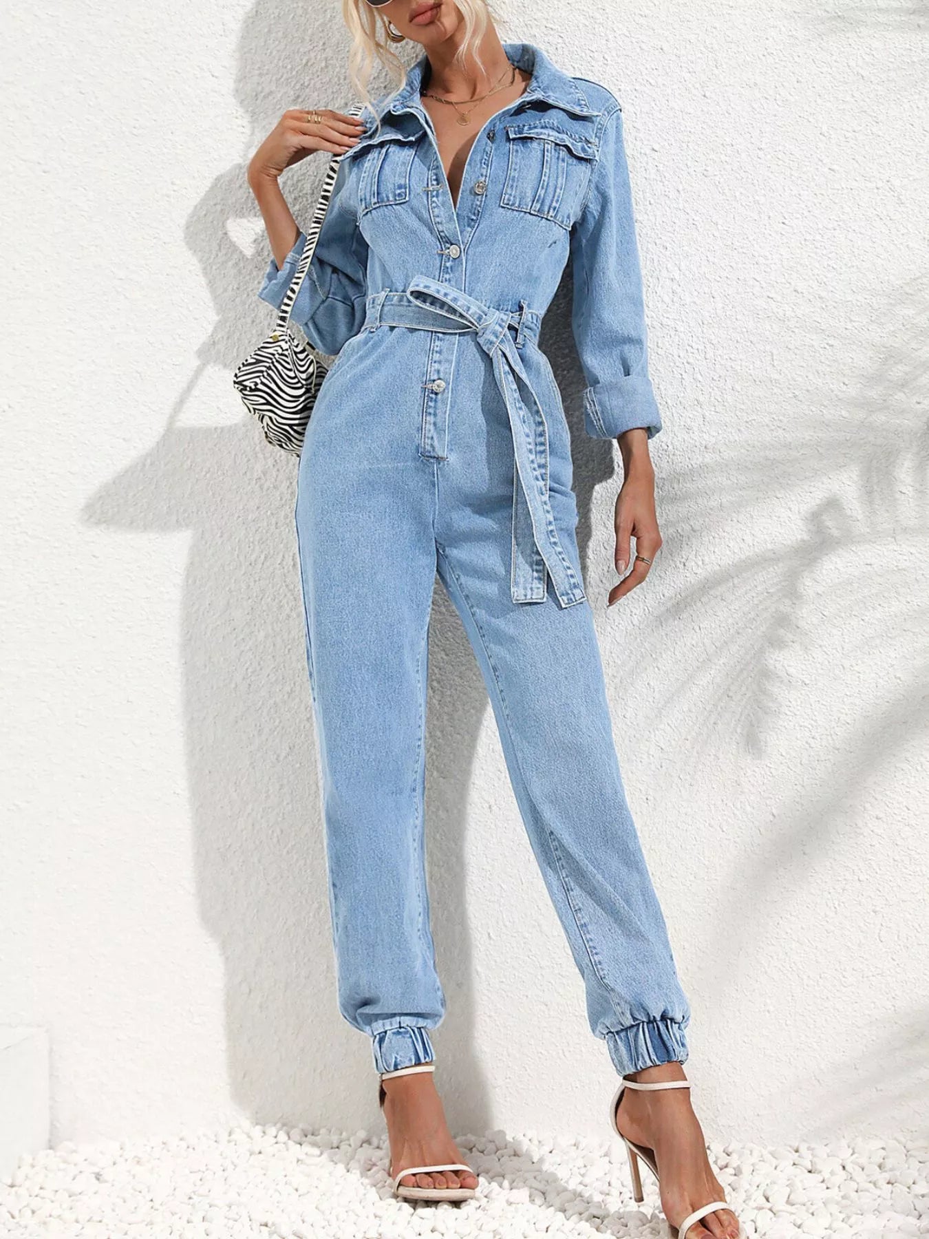 Button Front Belted Denim Jumpsuit in Medium Blue