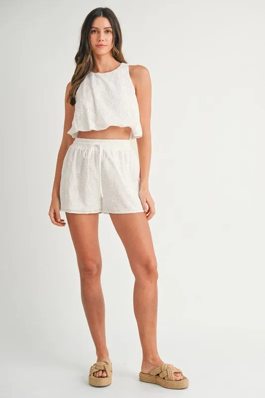 Eyelet Bubble Hem Top and Shorts Set in Off White