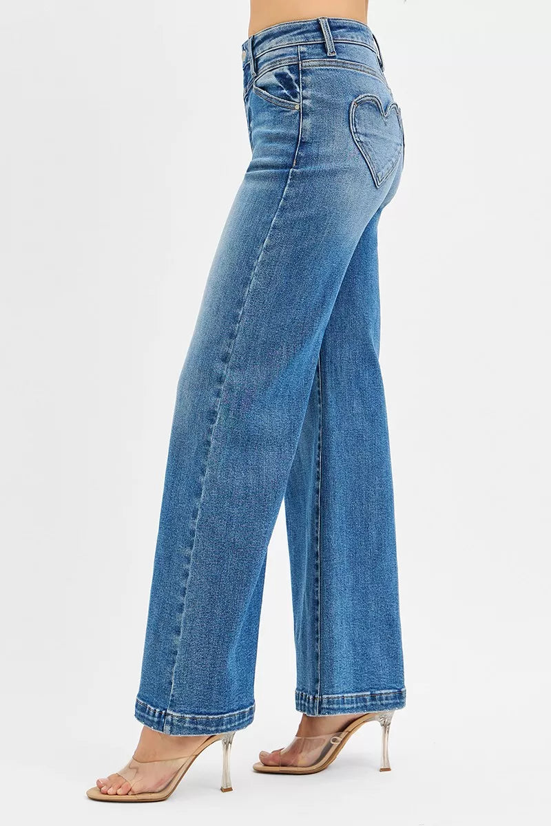 Risen High Rise Wide Leg Jeans with Heart Pocket in Medium Wash