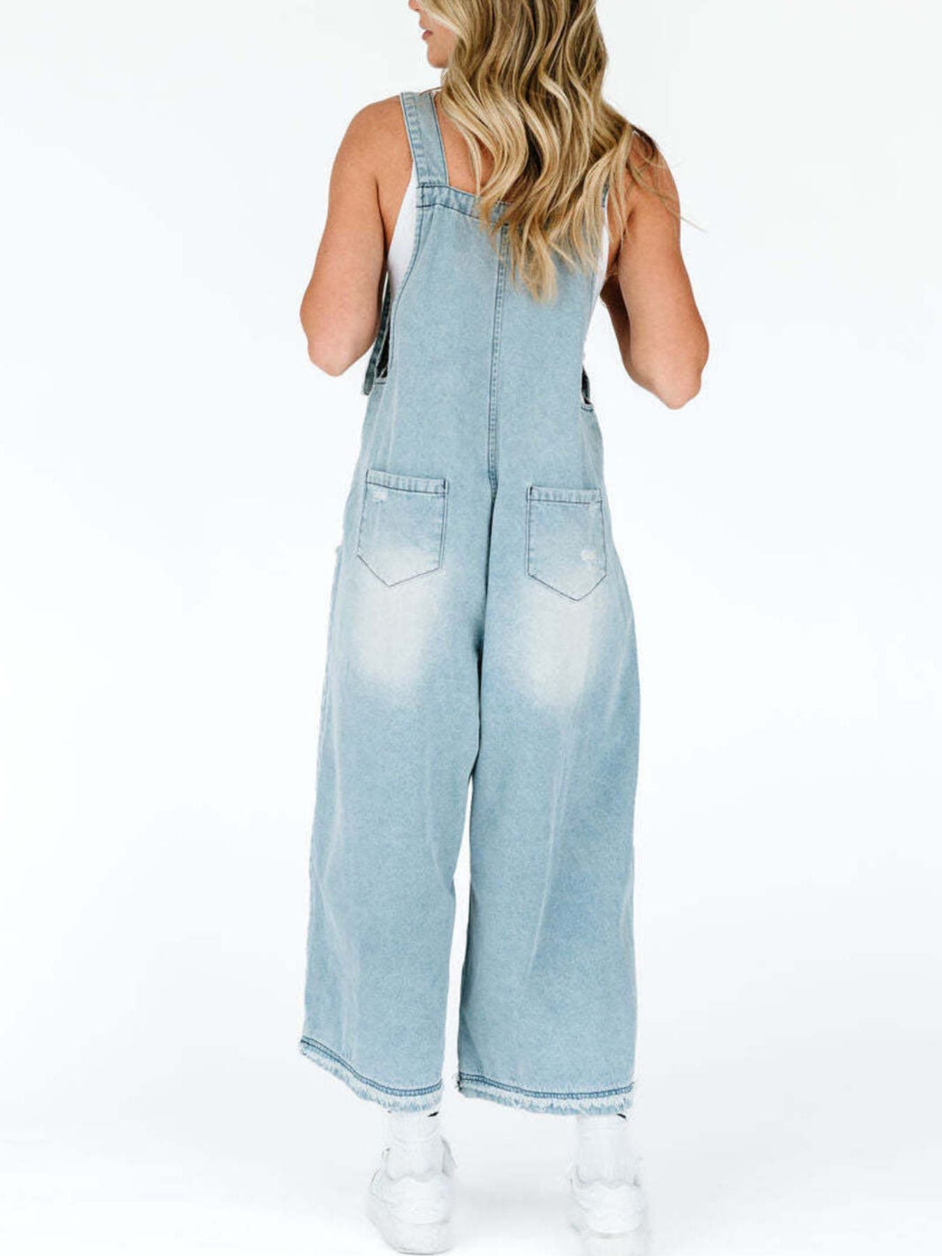 Distressed Wide Leg Denim Overalls by Dreamy Drapes