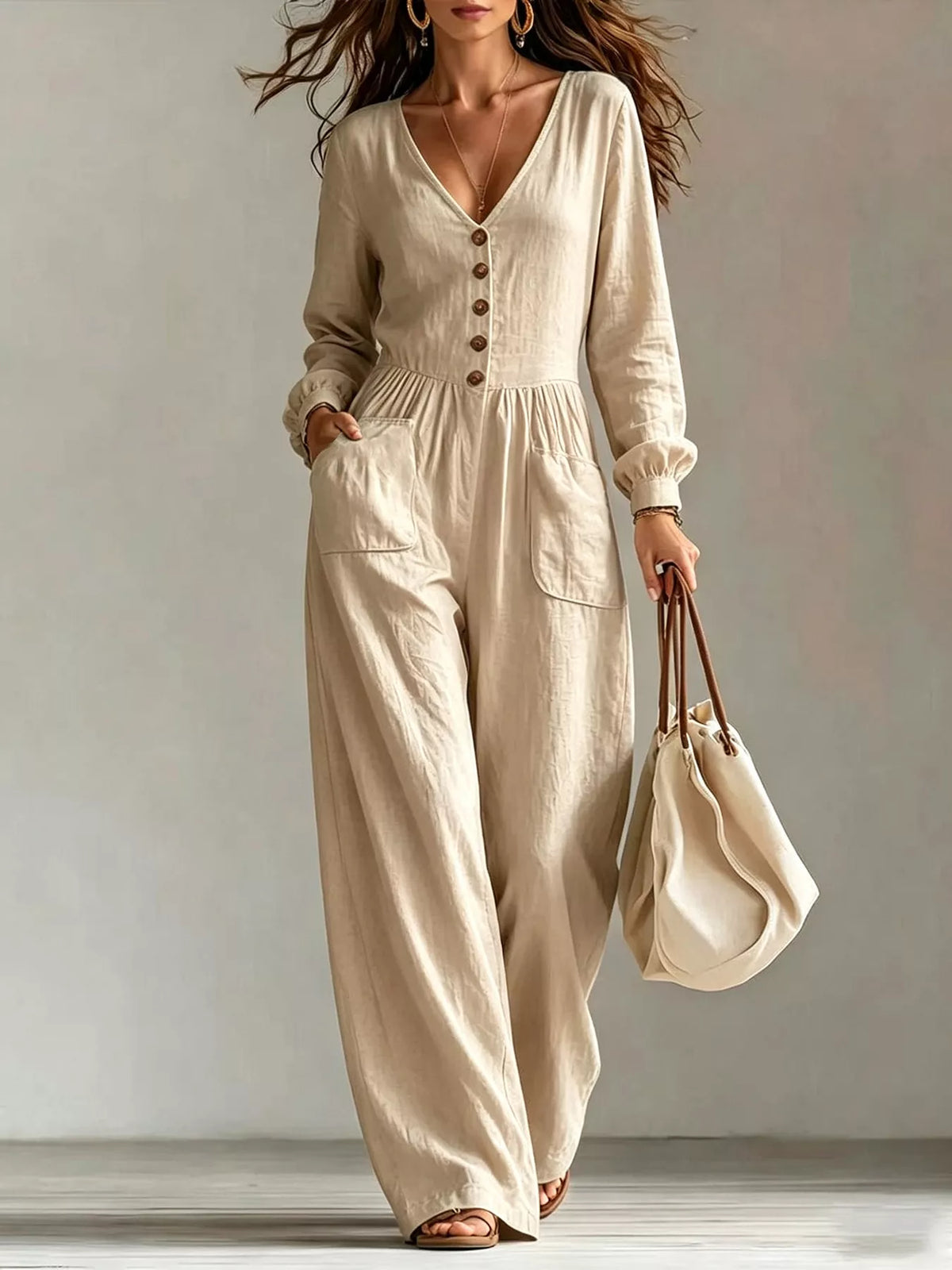 V-Neck Long-Sleeve Button-Down Wide-Leg Jumpsuit