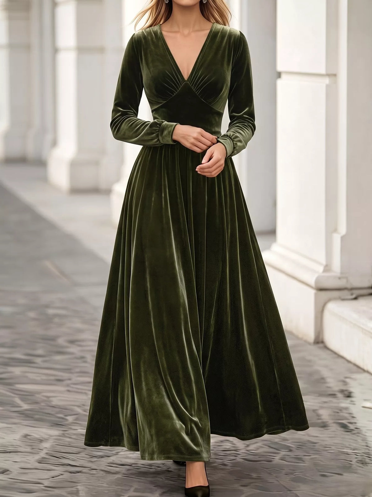 V-Neck Long Sleeve Velvet Maxi Dress in Army Green