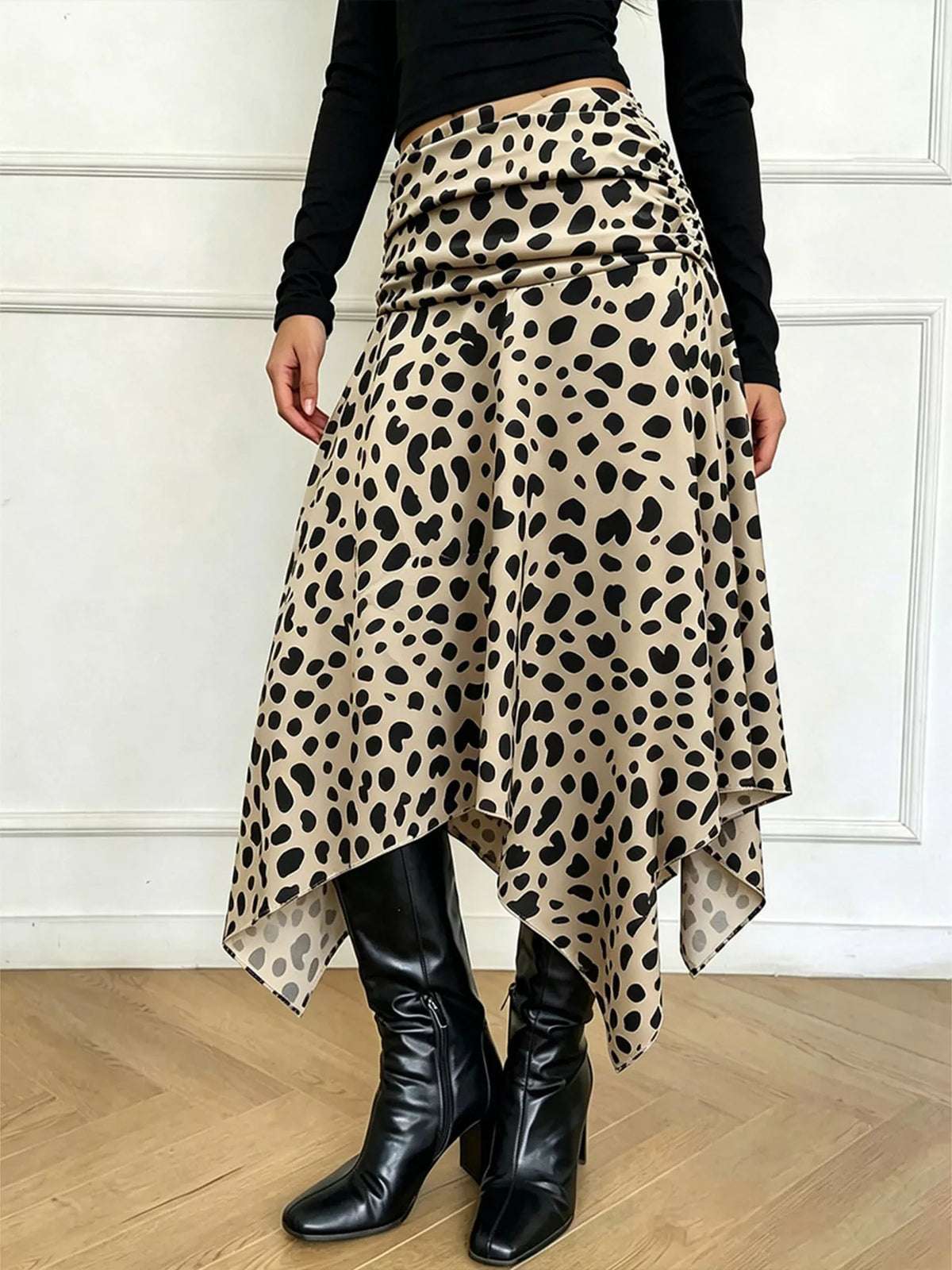 Leopard Print Asymmetrical Hem Midi Skirt in Khaki