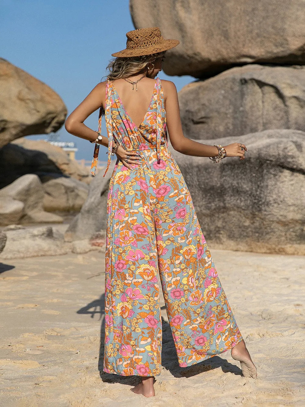 Floral V-Neck Wide Leg Jumpsuit