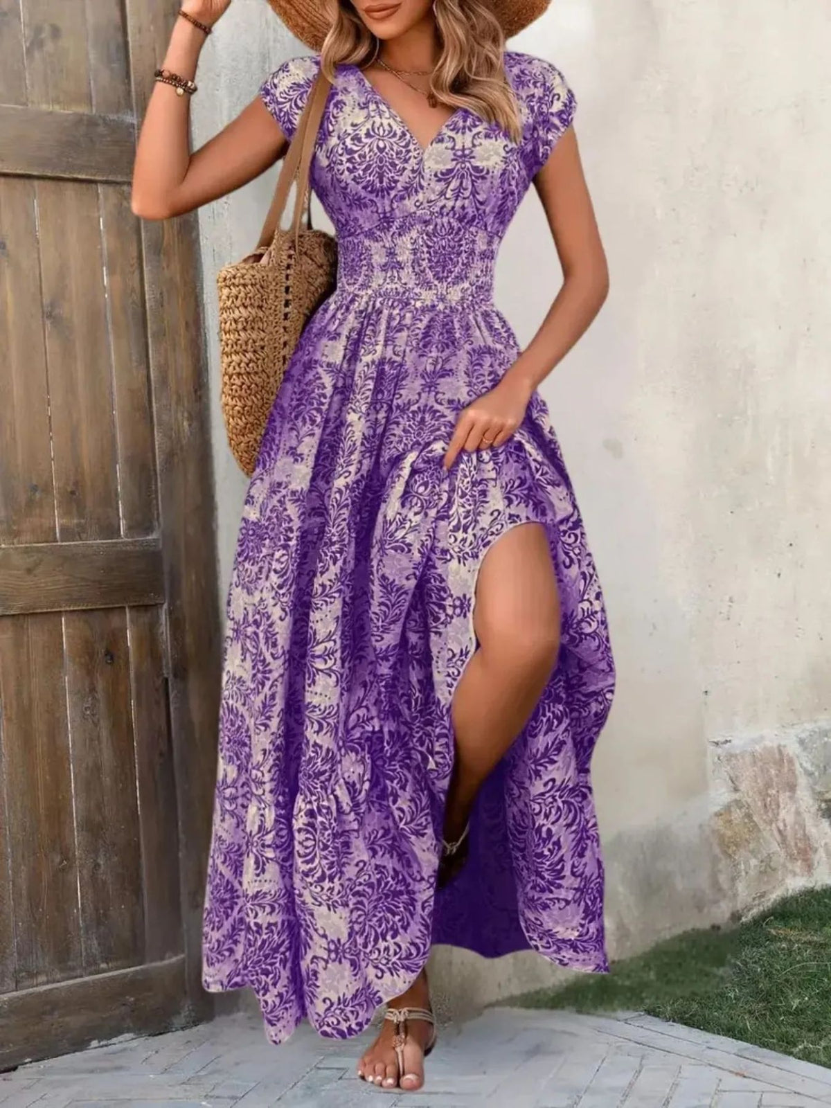 Printed Cap Sleeve Tiered Maxi Dress