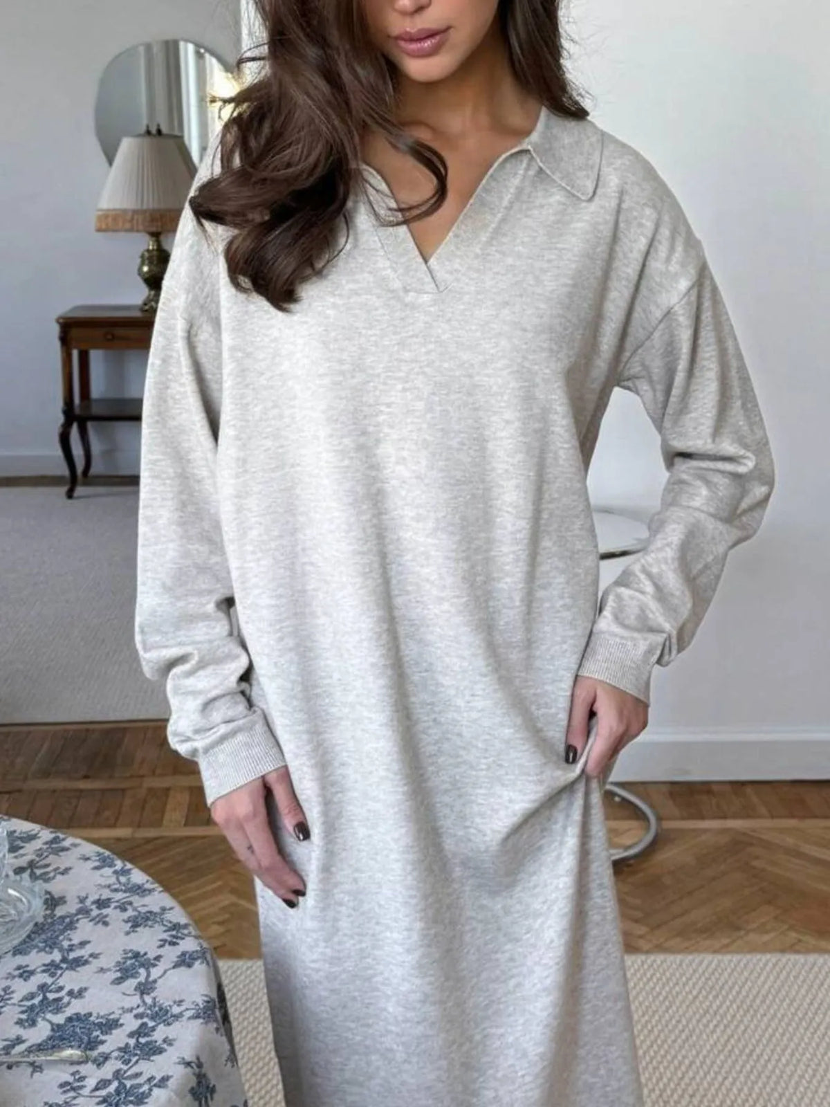 Collared Long Sleeve Knit Dress with Buttons