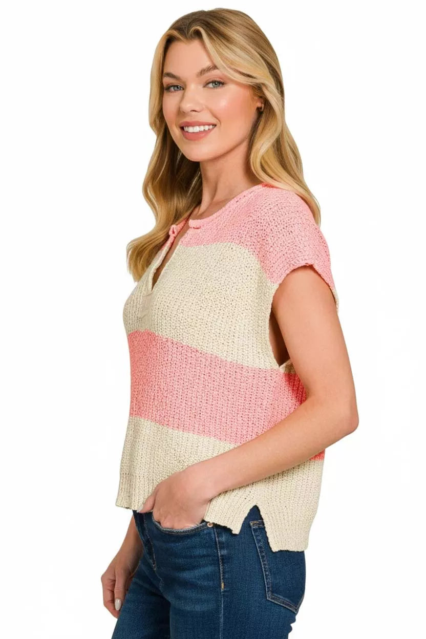 Zenana Split Neck Sleeveless Striped Sweater in Coral Pink