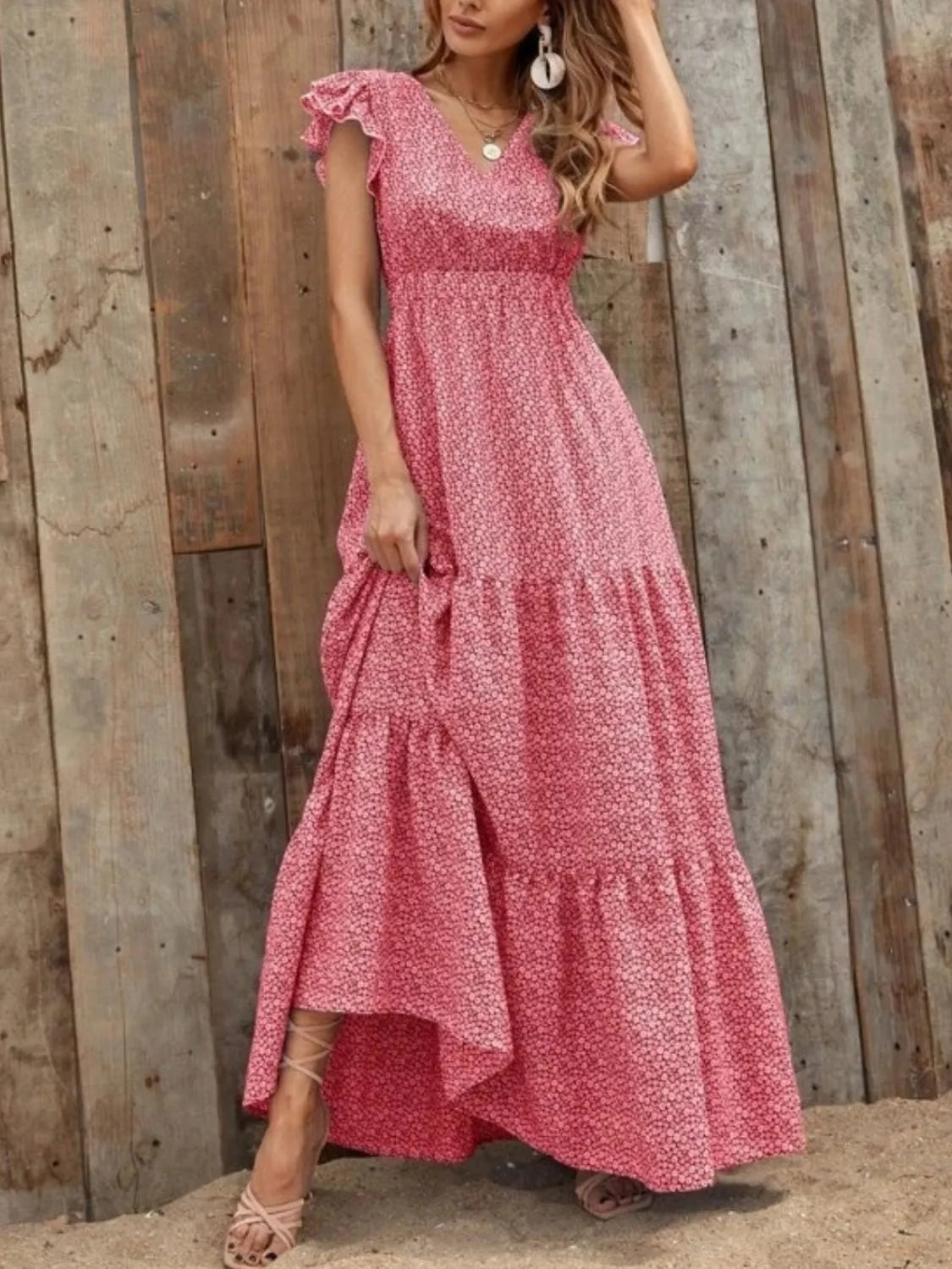 Ruffled Cap Sleeve V-Neck Maxi Dress