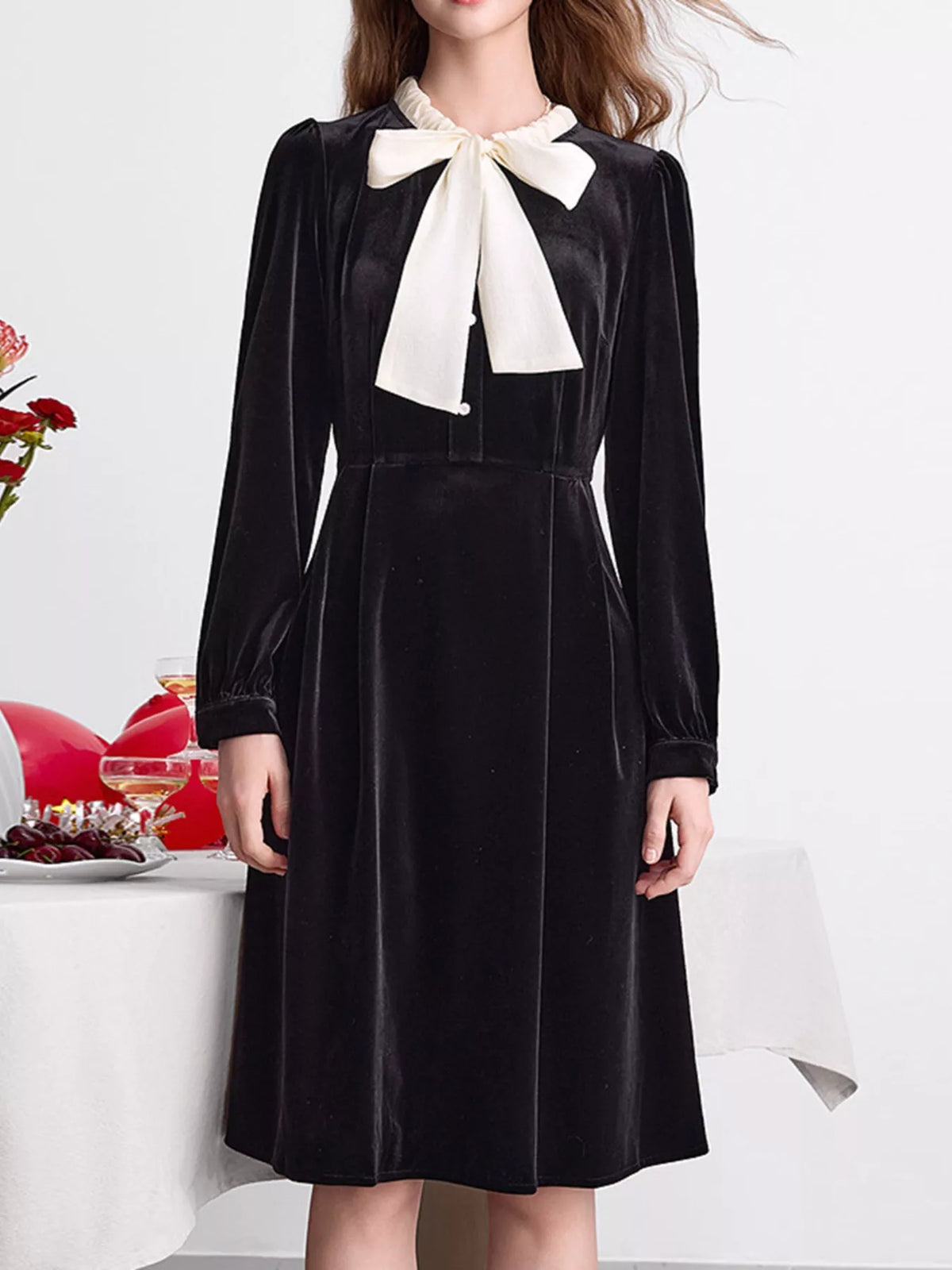 Velvet Bowknot A-Line Dress in Black