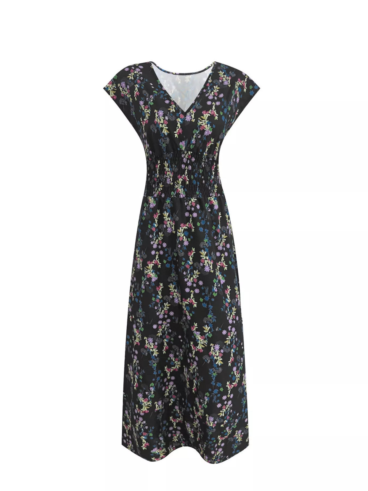 Floral V-Neck Cap Sleeve Maxi Dress