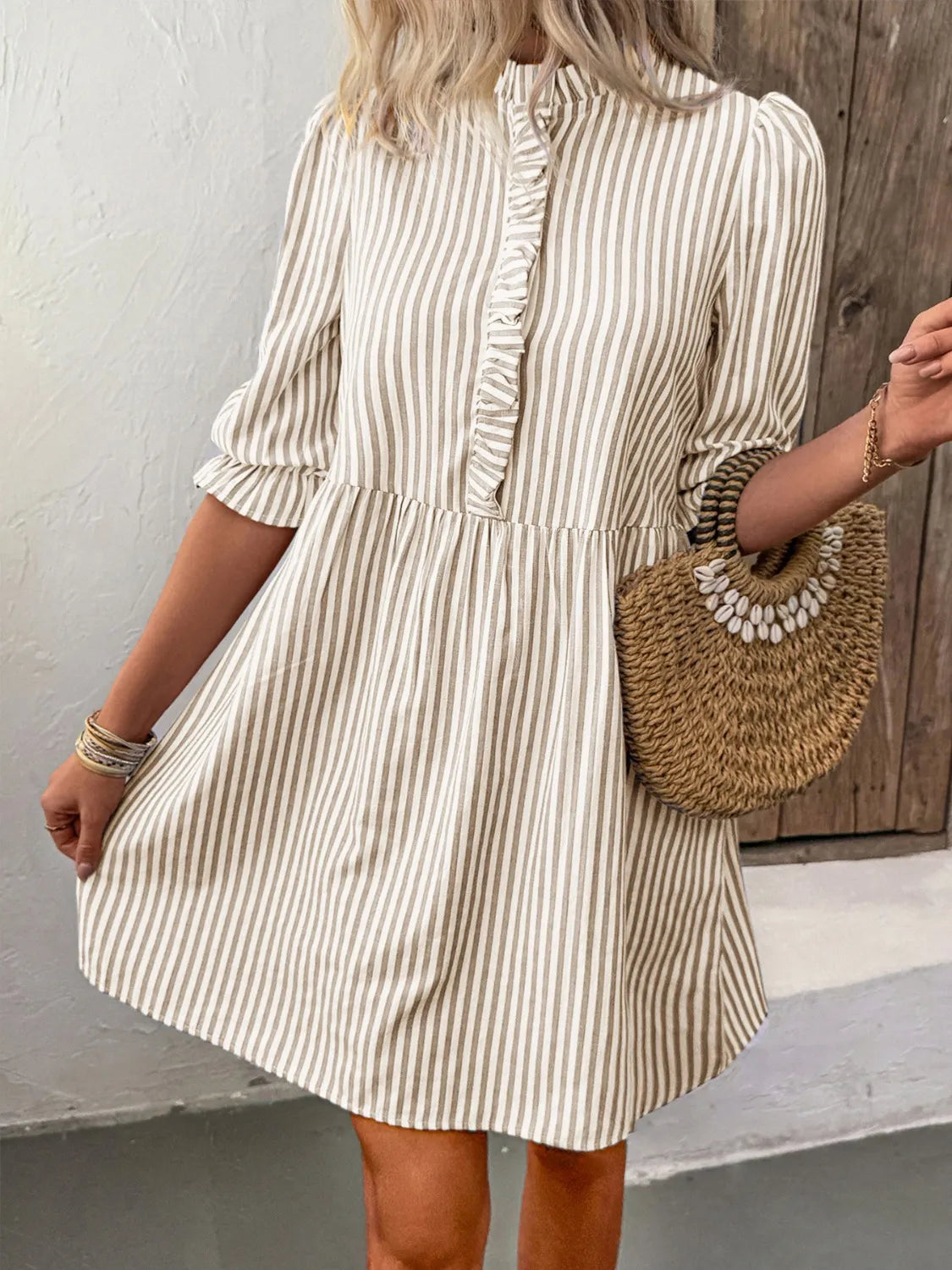 Striped Half Sleeve Dress in Tan