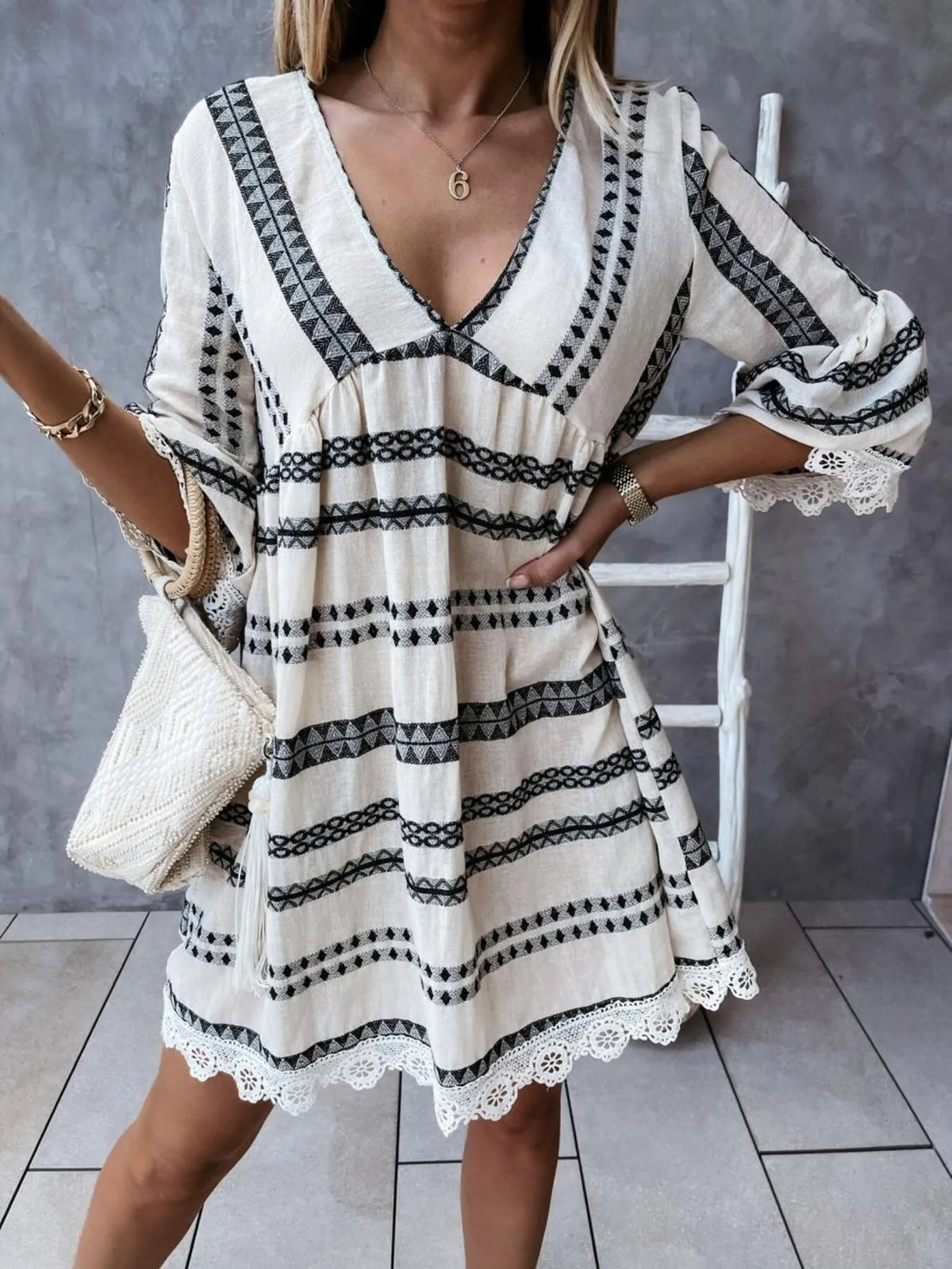 Striped V-Neck Lace Trim Babydoll Dress