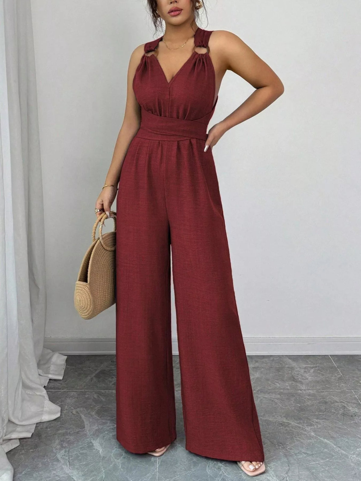 Sleeveless V-Neck Wide-Leg Jumpsuit with O-Ring Detail