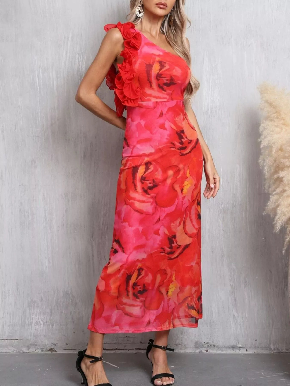 Floral One Shoulder Ruffle Trim Dress in Red
