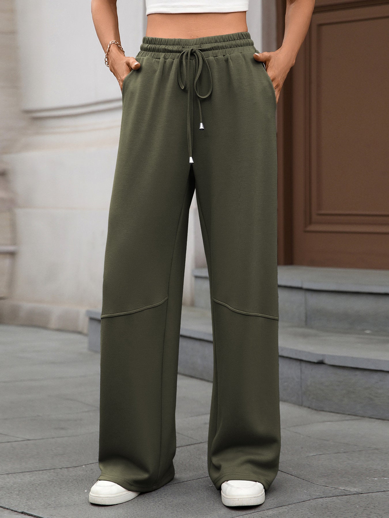 Drawstring High-Waist Wide-Leg Pants