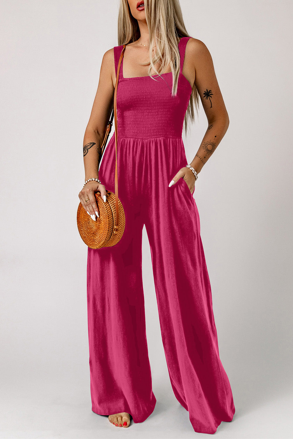 Smocked Square Neck Wide Leg Jumpsuit
