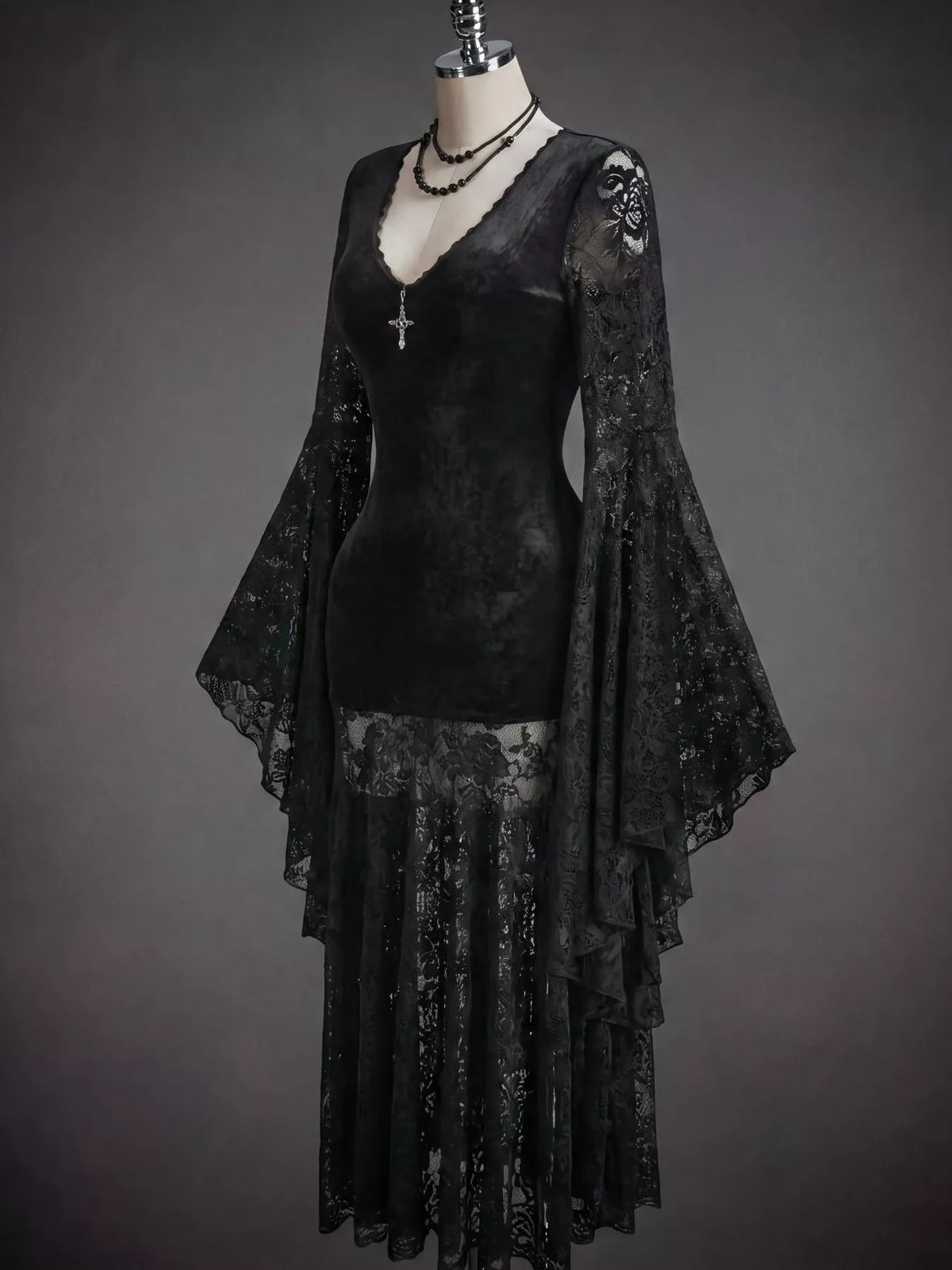 Lace V-Neck Flare Sleeve Dress in Black