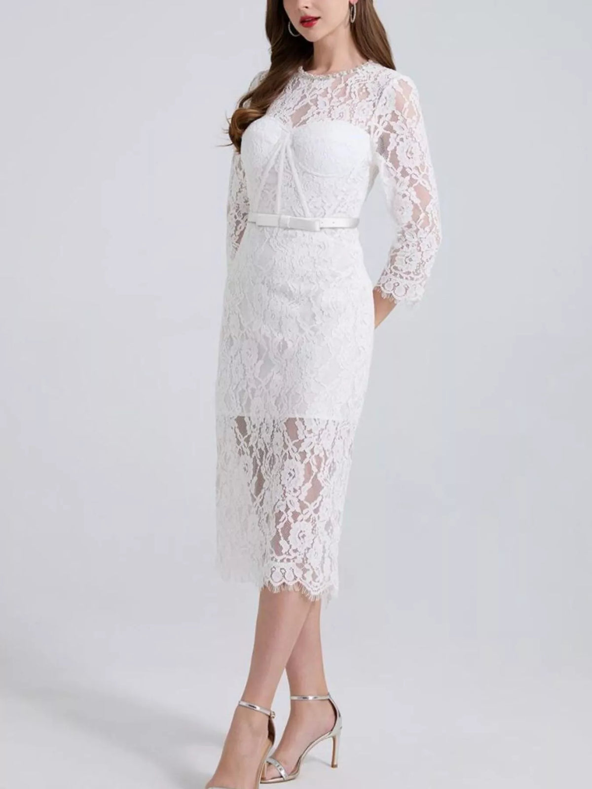 Lace Midi Dress with Long Sleeves and Slit