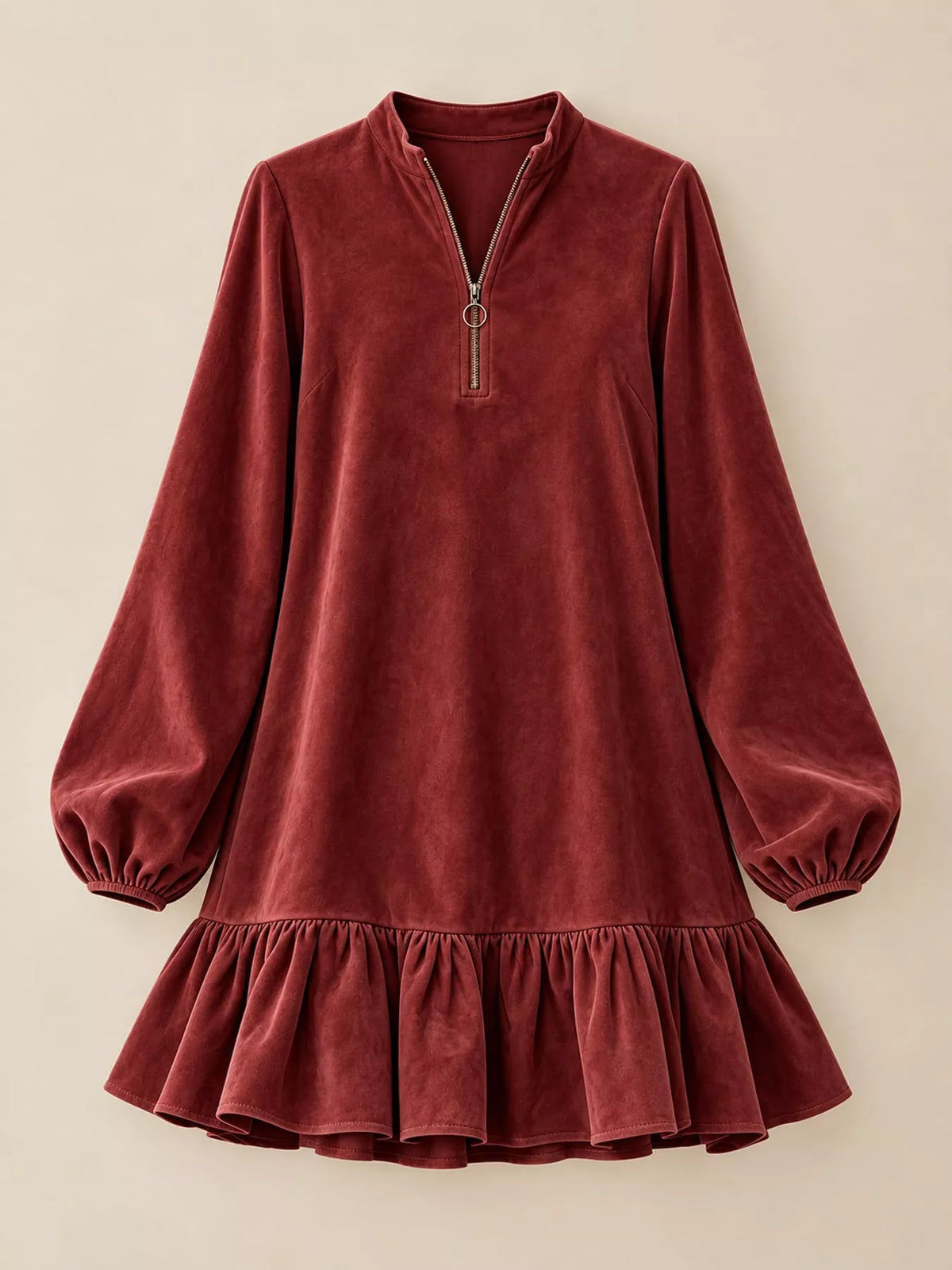 Quarter-Zip Ruffle Hem Mini Dress