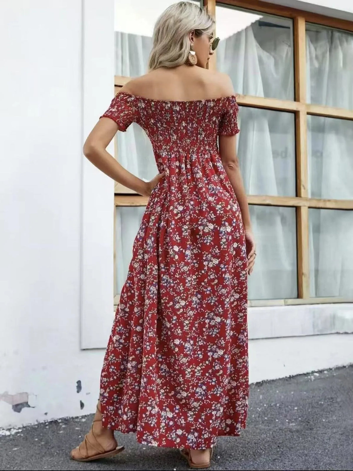 Off-Shoulder Smocked Floral Midi Dress