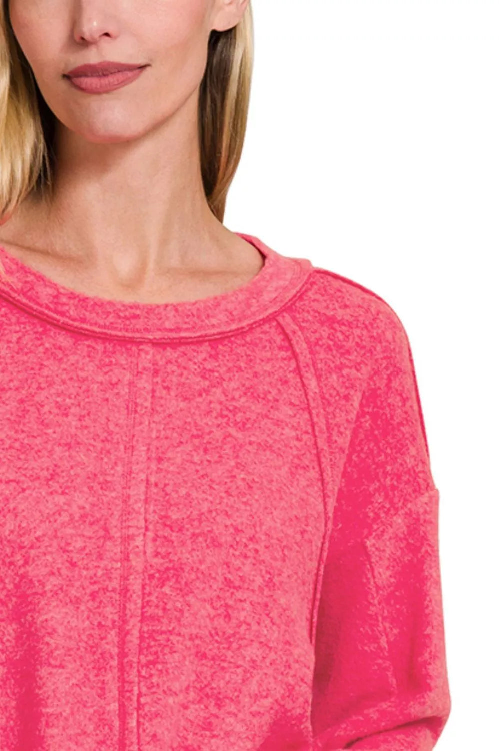 Zenana Brushed Hacci Exposed Seam Hi-Low Sweater in Hot Pink