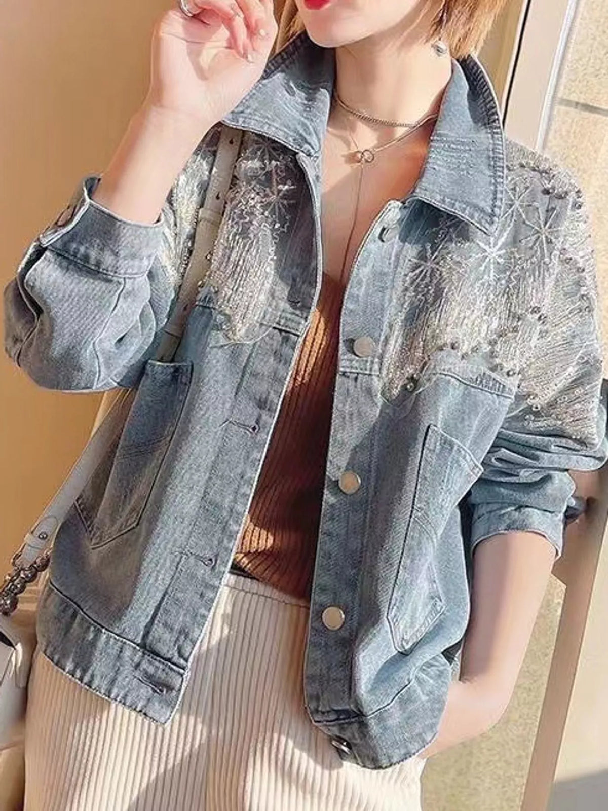 Rhinestone Snowflake Embellished Denim Jacket