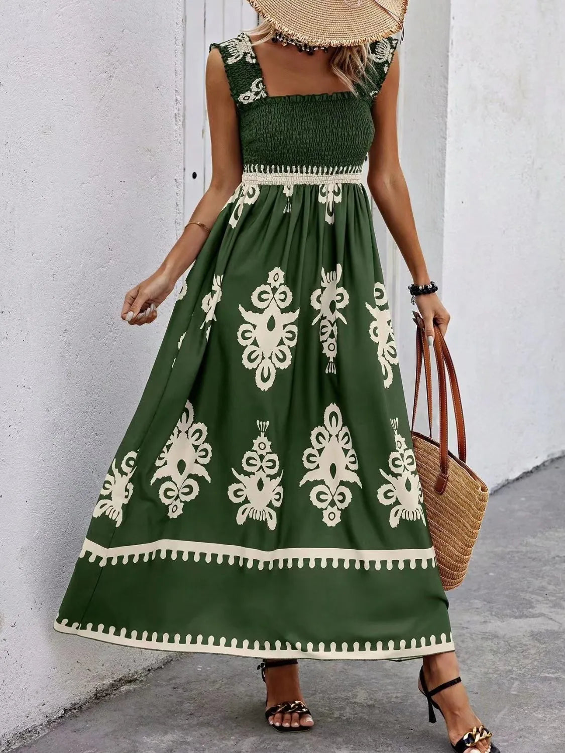 Smocked Wide Strap Maxi Dress