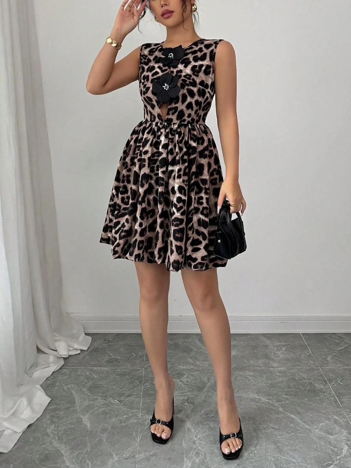 Leopard Print Fit and Flare Mini Dress in Chocolate