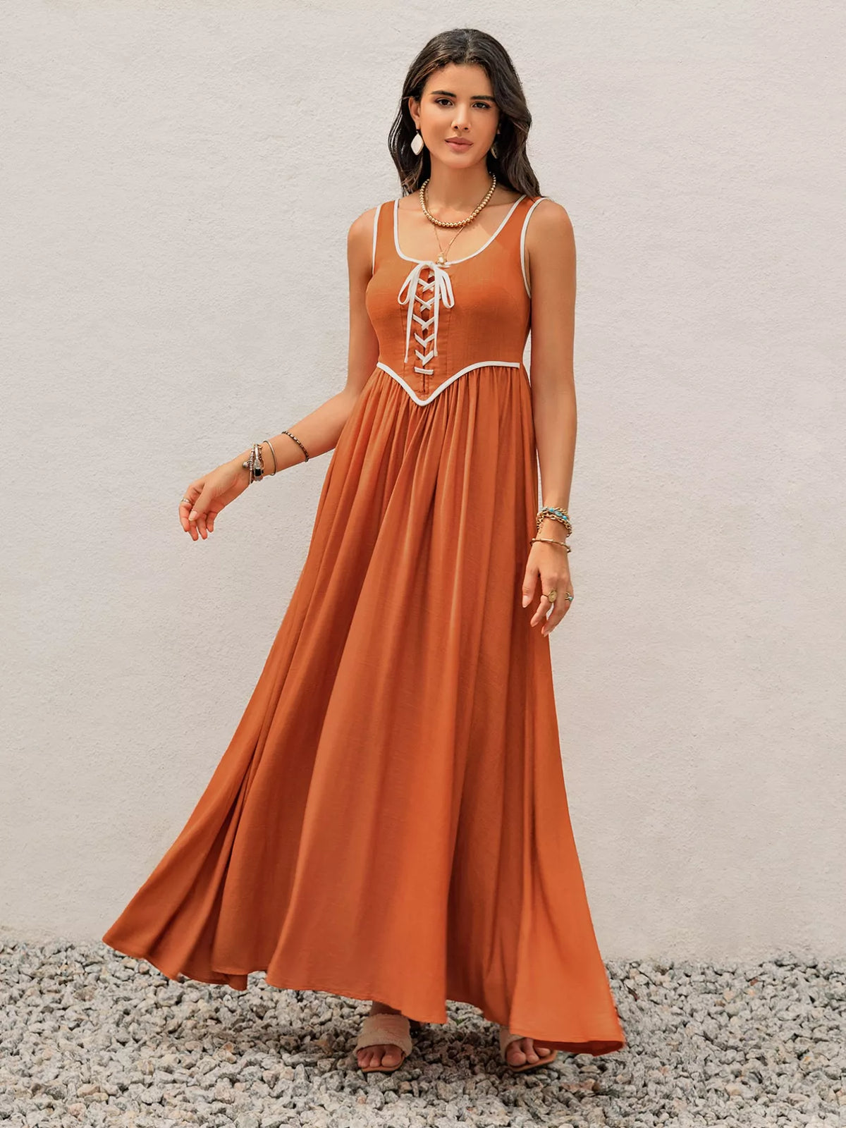 Contrast Trim Lace-Up Maxi Tank Dress in Terracotta
